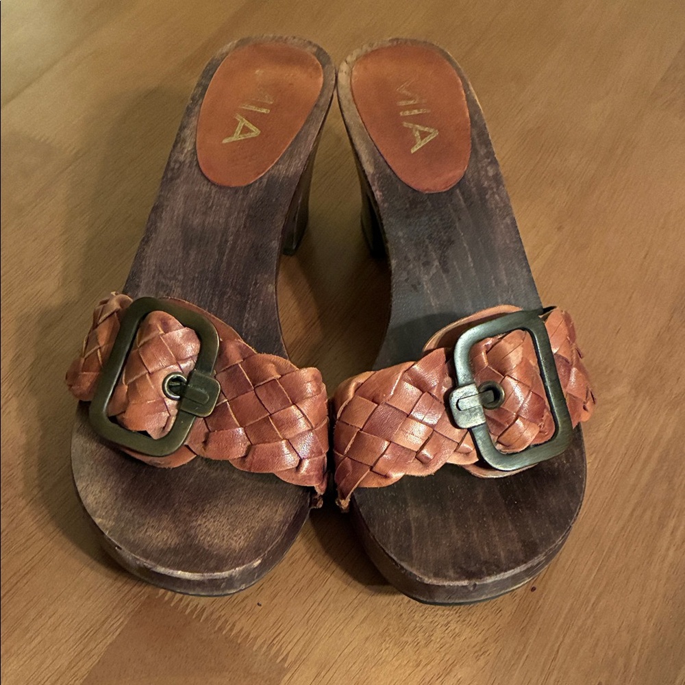 MIA Wood Heeled Mules with Braided Leather Buckle Strap - Brown - Size 8